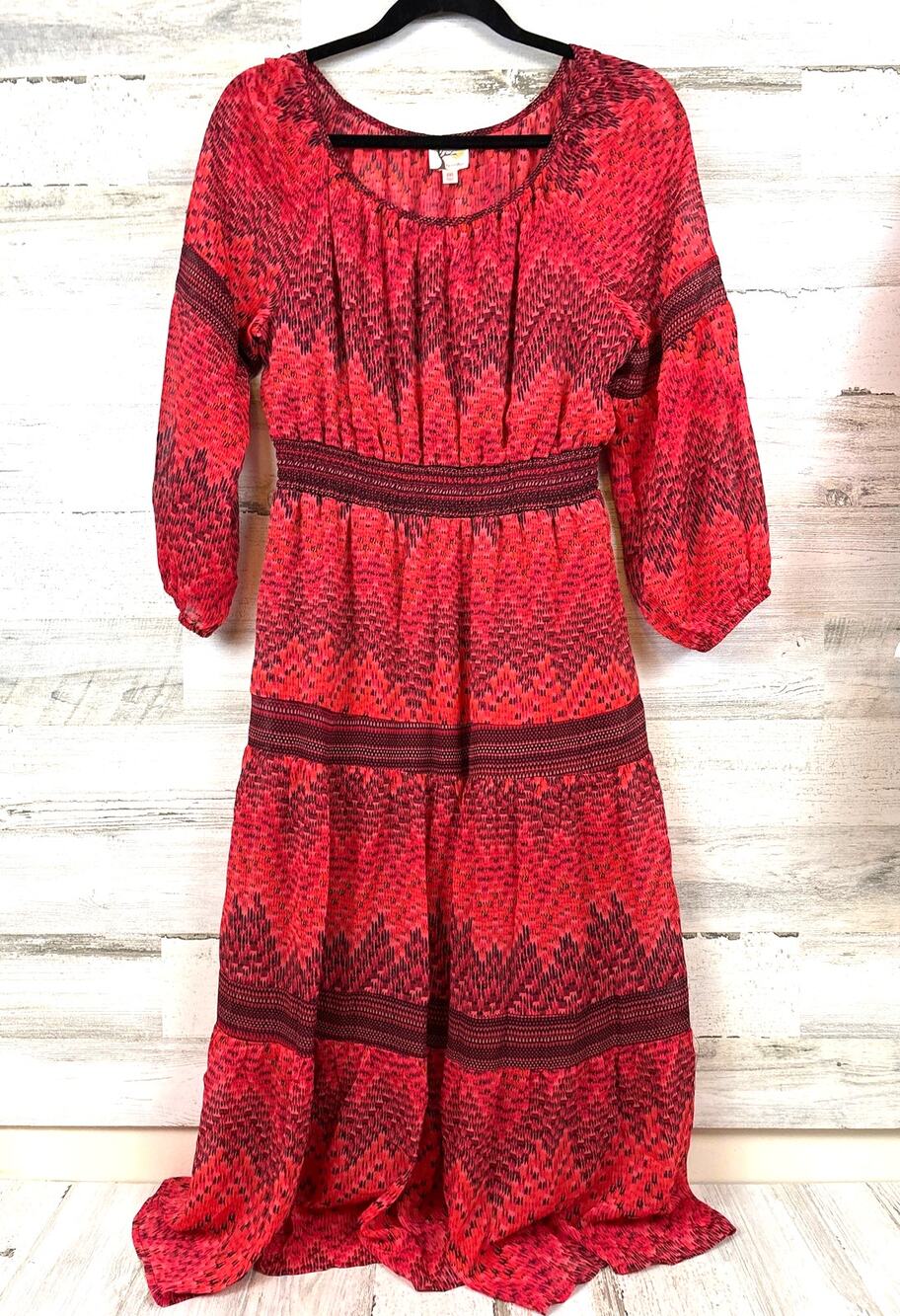 Fig & Flower Pink Red Chiffon Midi Dress Smocked Waist Womens M Lightweight